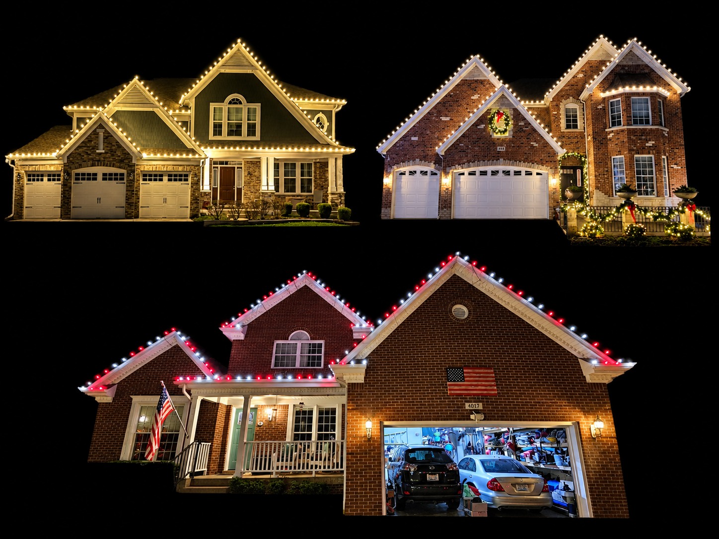 Three examples of homes decorated with warm white and red-and-white Christmas roofline lighting